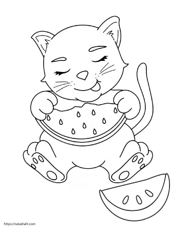 Coloring page of a cat eating a slice of watermelon