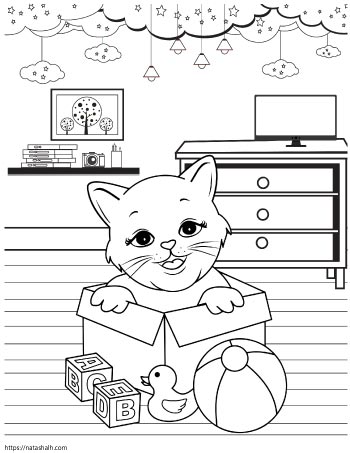 Coloring page of a cat playing in a box of baby toys