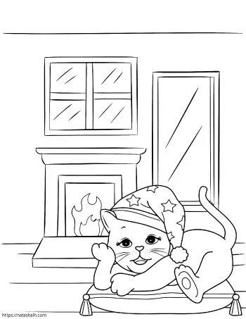 Coloring page of a cat on a pet bed in front of a fireplace. The fireplace has a fire going and the cat is wearing a nightcap 