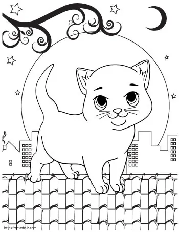 Cartoon cat on a city rooftop at night with the moon in the background