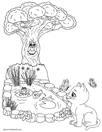 coloring page of a cat playing by a pond outside. The pond has fish and frogs. There is a tree with an owl in it.