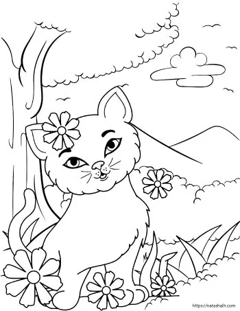 coloring page of a cartoon cat playing outside with flowers