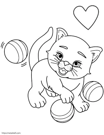 Cartoon cat with three balls and a heart