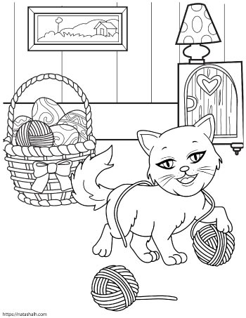 Coloring page of a cartoon cat playing with balls of yarn next to a basket with more yarn in it