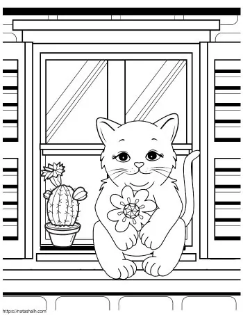 Cartoon cat sitting on a windowsill next to a potted cactusC