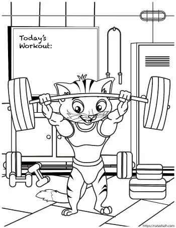 Coloring page of a cartoon cat in a gym with a barbell overhead