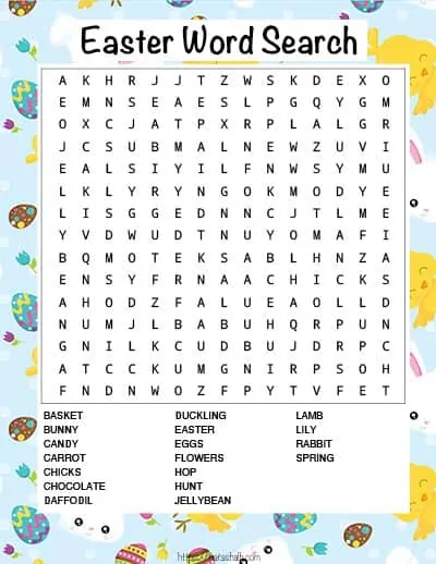 A secular Easter word search with a blue background featuring eggs, bunnies, and chicks