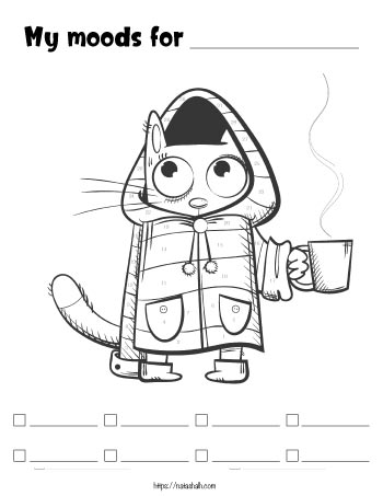 Printable mood tracker featuring an image of a cat wearing a coat with a mug of hot coffee