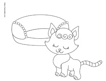coloring page of cute cat next to a cat bed