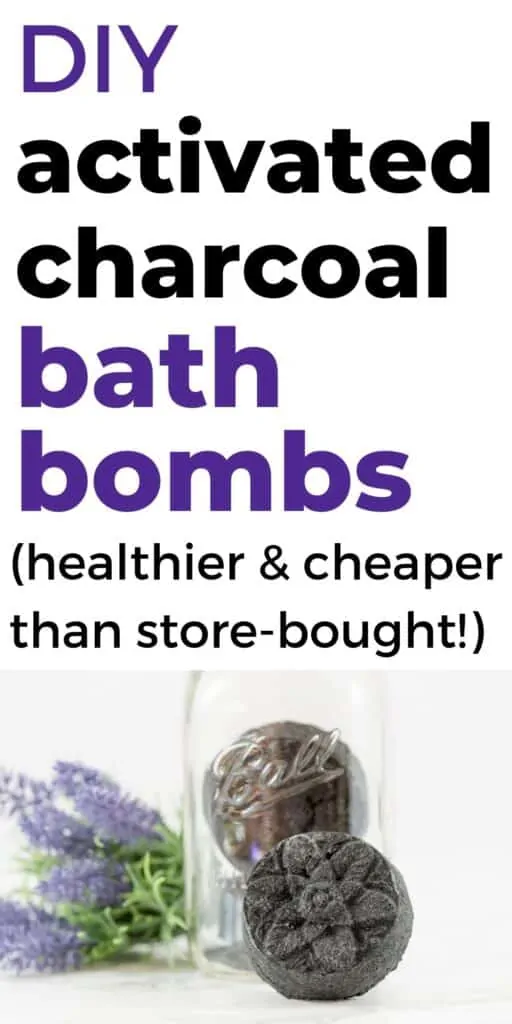 The text "DIY activated charcoal bath bombs (healthier and cheaper than store-bought)" with a picture of a bath bomb