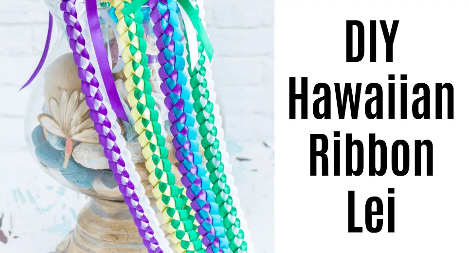 Text "diy Hawaiian ribbon lei" next to a jar with four braided lei draper over it.