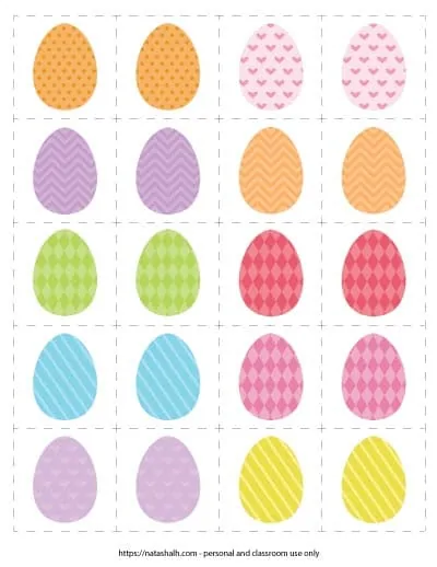 A set of 20 Easter egg matching cards featuring 10 different Easter eggs.