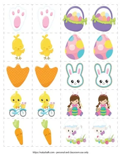 Free printable Easter matching game cards with cartoon Easter images. 