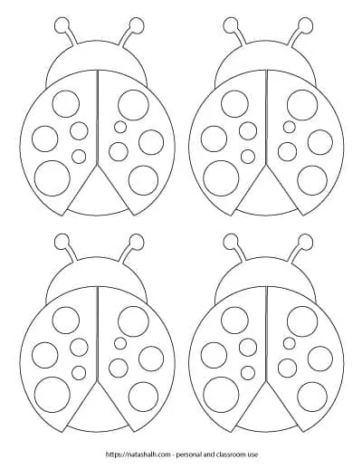 Four ladybugs with spots - free printable templates for crafts