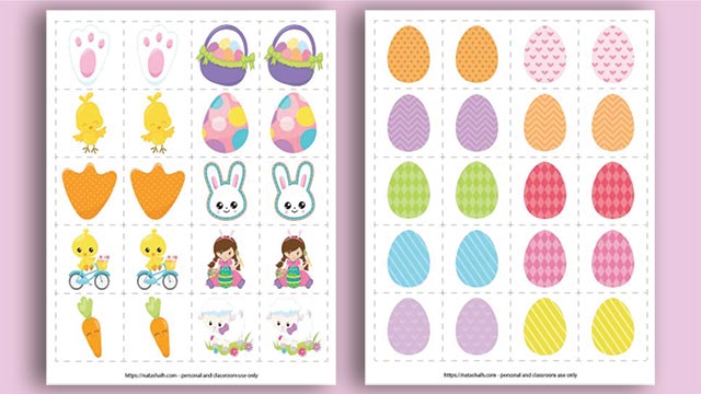 Two printable Easter matching games. One has 10 different cartoon Easter images and the other has 10 different styles of Easter egg to match.
