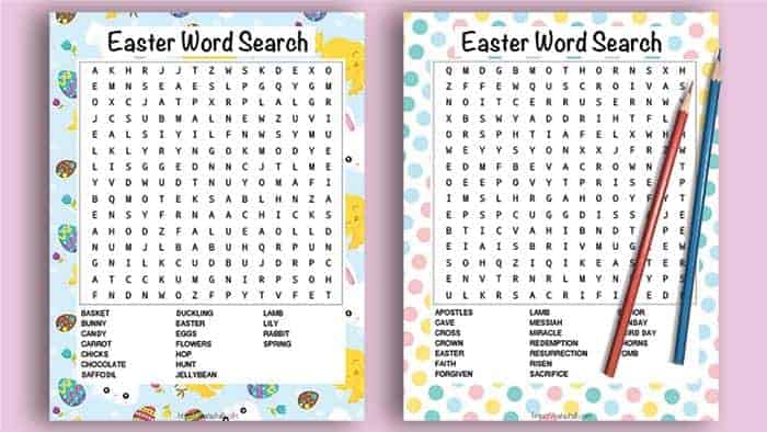 Two printable Easter word searches on a pink background with pencils. One word search has a bunny and chick colorful background. The other word search has pastel dots and features religious Easter words.