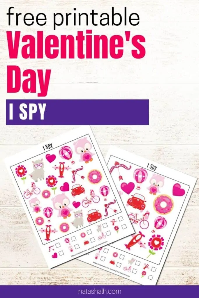 text "free printable Valentine's Day I spy" with preview of two I spy games