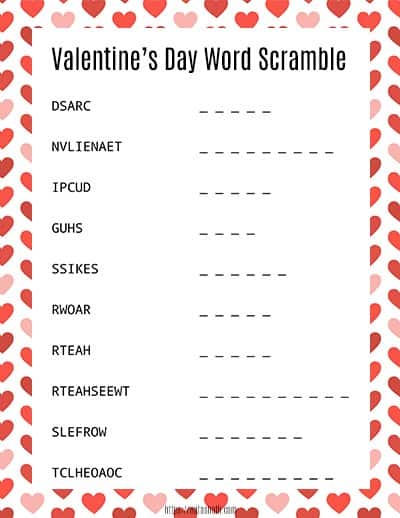 Word scramble for Valentine's Day with pink and red hearts in the background.