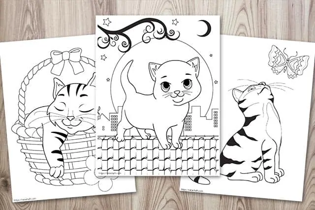 Three cat coloring pages on a wood background