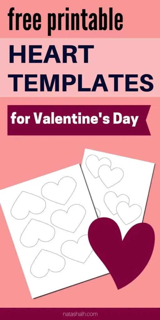 text "Free printable heart templates for Valentine's Day" on a pink background with a preview of two printable heart outlines