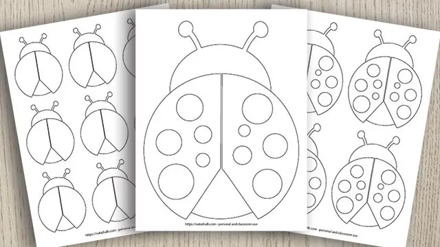 Three ladybug printables on a wood background. One page has a large ladybug with spots. Another page has four medium ladybugs with spots. The last page has 9 small ladybug outlines without spots.