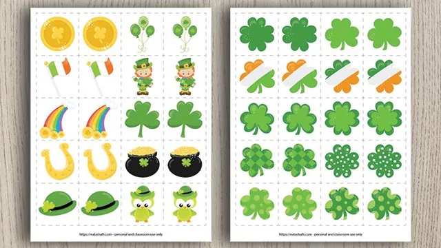 A preview of two free printable St. Patrick's Day matching games with St. Patrick's Day themed illustrations 