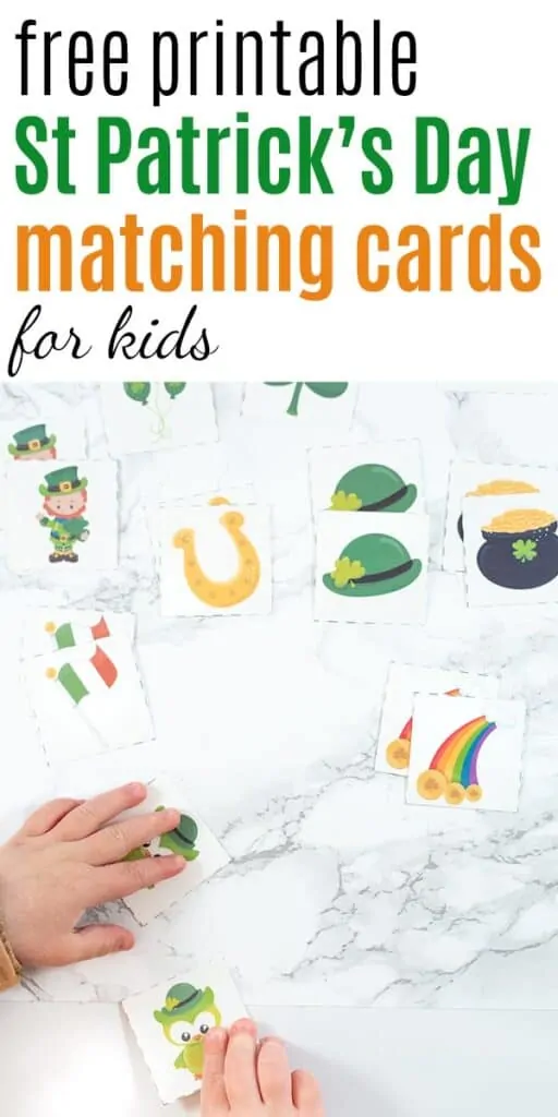 Text "free printable St Patrick's Day matching cards for kids" with a photo of a toddler's hand reaching for a pair of St. Patrick's Day owl matching cards