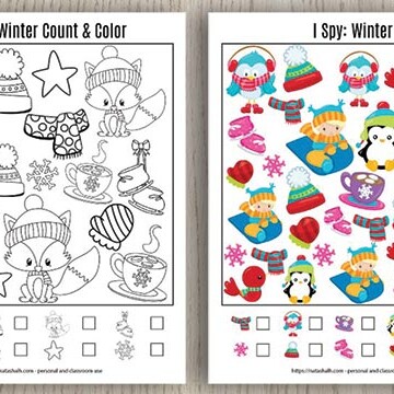 two free printable winter I spy puzzles on a wood background