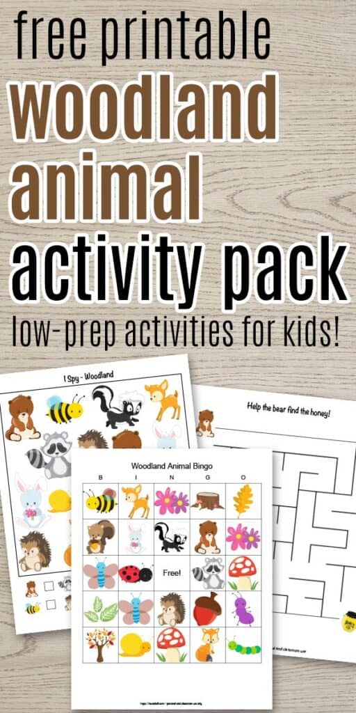 text "free printable activity pack low-prep activities for kids" with an animal bingo board, maze, and i spy printable on a wood background