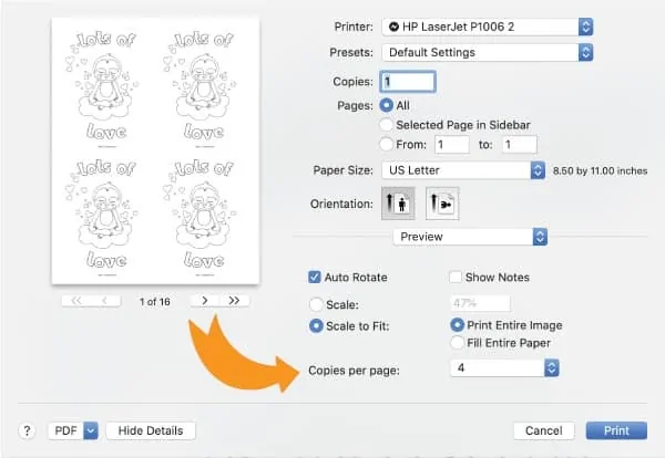 Print dialogue box with an arrow pointing at "copies per page"