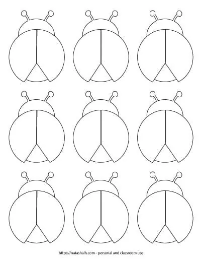 nine small spotless ladybug outlines on one page