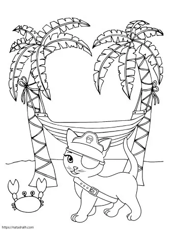coloring page of a pirate cat wearing an eye patch on a beach with two palm trees, a hammock, and a crab