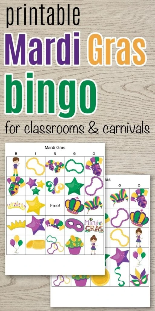 Text "printable Mardi Gras bingo for classrooms and carnivals" with a preview of two printable Mardi Gras bingo games