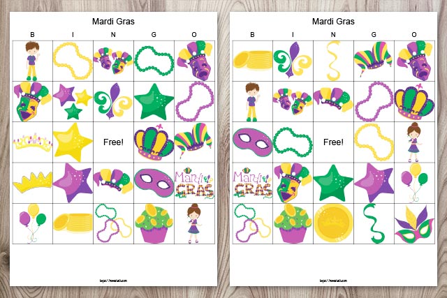 Two printable Mardi Gras bingo boards on a wood background. The images are family friendly for kids and classrooms. 