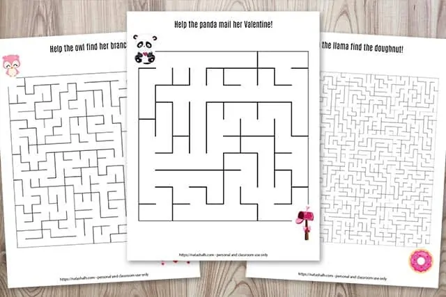 Three mazes for children featuring Valentine's Day images