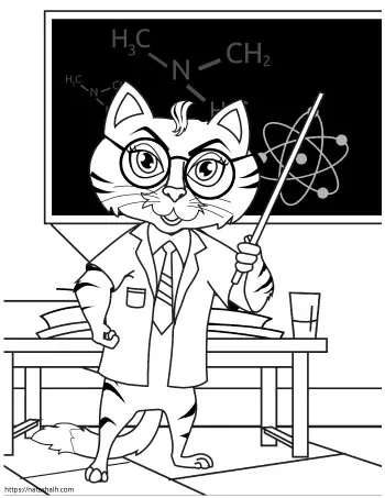 Coloring page of a cat in a lab coat with glasses teaching a chemistry class 