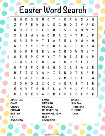 Free printable religious Easter word search with a colorful dot background