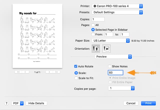 an image showing the print dialogue box demonstrating how to print a letter sized printable at 85% to fit in the Happy Planner Classic
