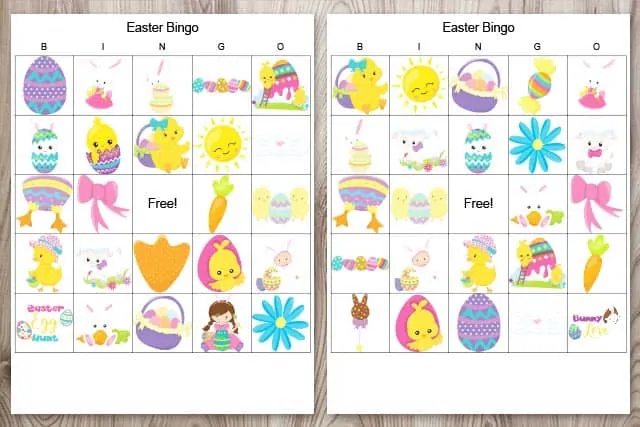 Two free printable Easter bingo cards for kids on a wood background