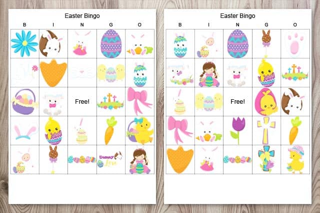two free printable Easter bingo boards with religious images