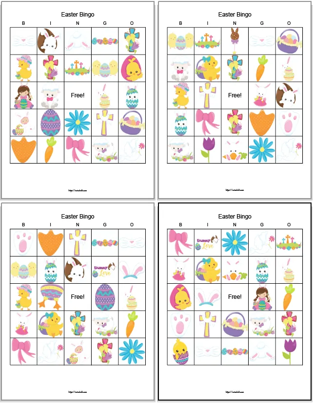four printable Easter bingo boards with religious images