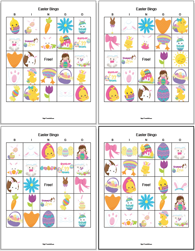 a preview of four printable Easter bingo boards featuring secular Easter images