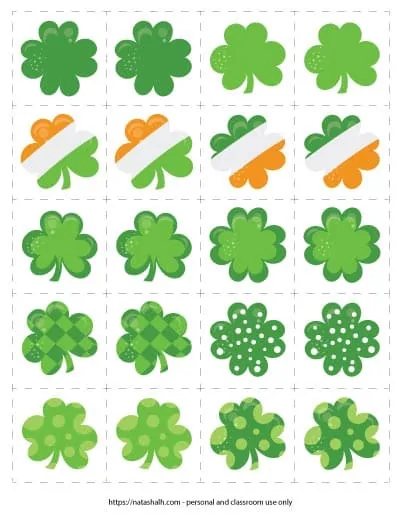 A free printable shamrock matching card game featuring 10 different shamrock images 