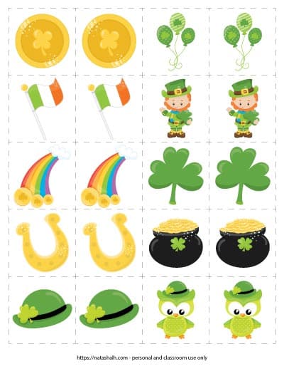 printable St. Patrick's Day matching card game with images of a coin, the Irish flag, a rainbow, a horseshoe, a bowler hat, balloons, a leprechaun, a shamrock, a pot of gold, and an St. Patrick's Day owl