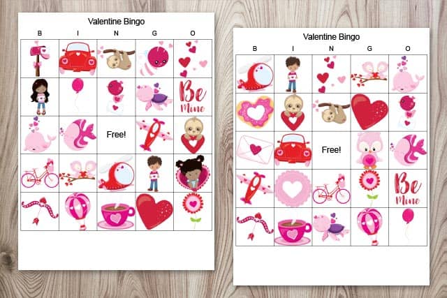 Two bingo boards featuring Valentine's Day images