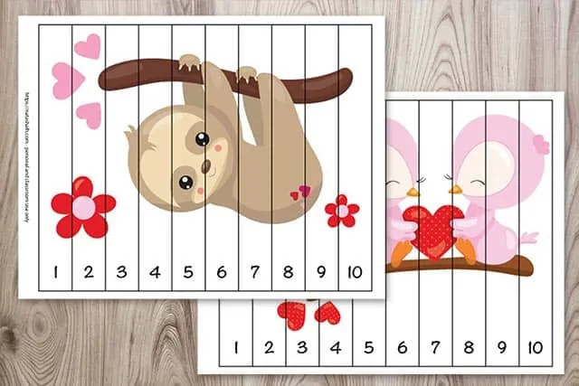Number building puzzles for preschoolers with a Valentine's Day sloth and pair of owls