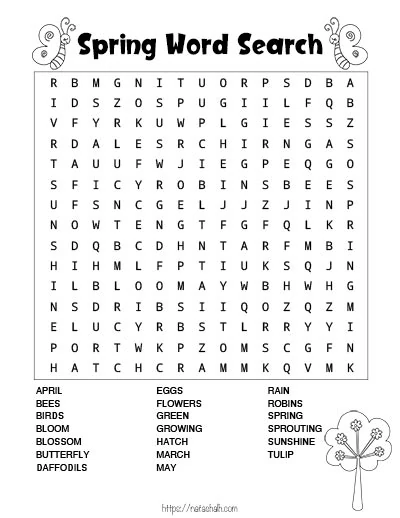 black and white printable spring word search with two butterflies and a tree to color