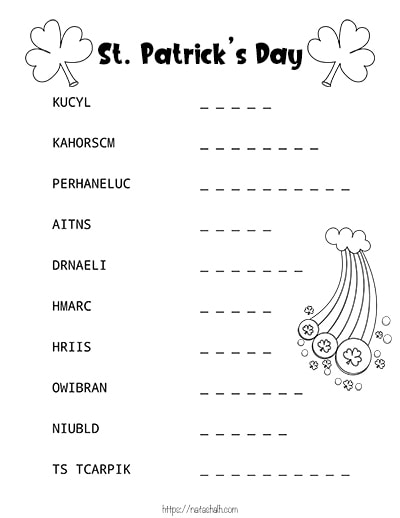 Free printable St. Patrick's Day word scramble with shamrocks and a rainbow to color.