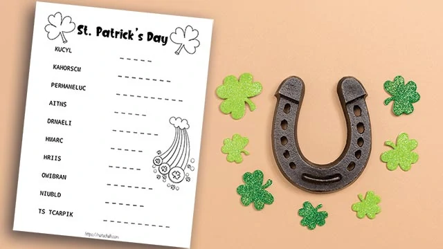 black and white St. Patrick's Day word scramble with shamrocks to color next to a horseshoe and shamrocks on a tan background 