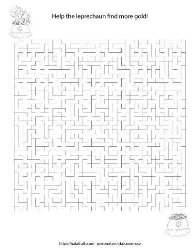 Printable difficult maze with a leprechaun and a pot of gold to color